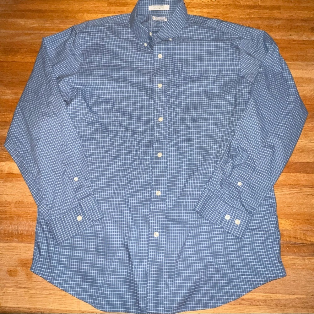 L.L. Bean Men L-Reg Blue White Plaid Wrinkle Free Traditional Fit Dress‎ Shirt